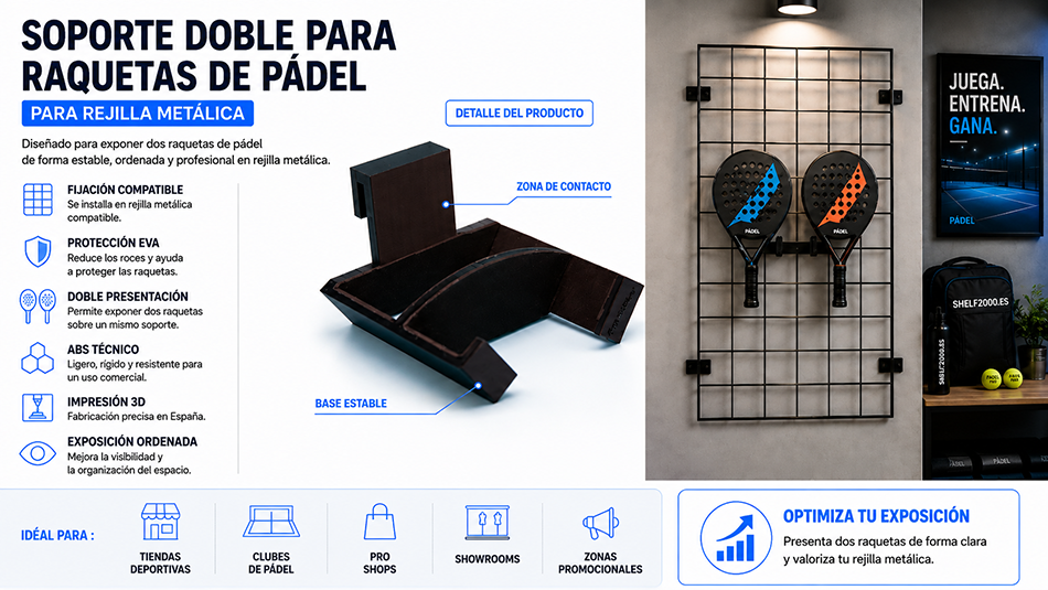 Soporte doble para raquetas de pádel en ABS con protección EVA instalado en rejilla metálica